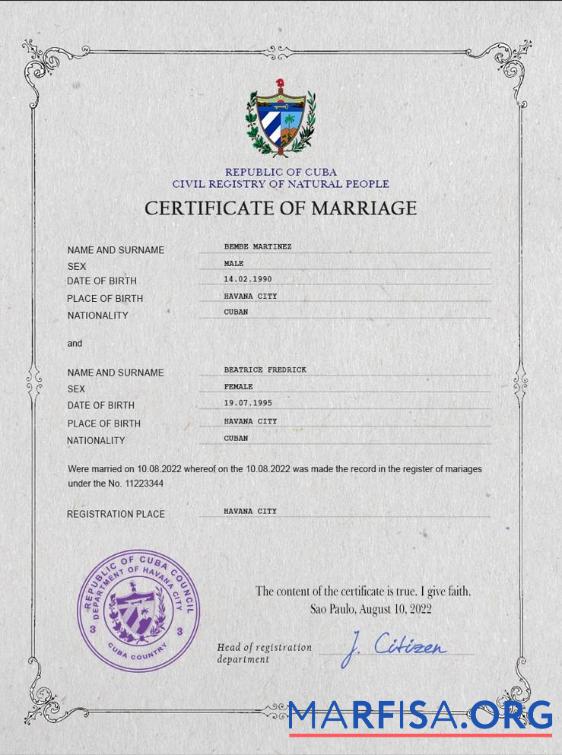 Printable Cuba marriage certificate PSD template